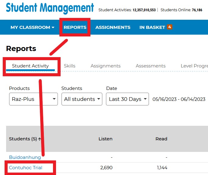 hướng dẫn sử dụng tài khoản teacher kidsa-z - cách xem các báo cáo về hoạt động học tập, kỹ năng đọc hiểu sách raz kids